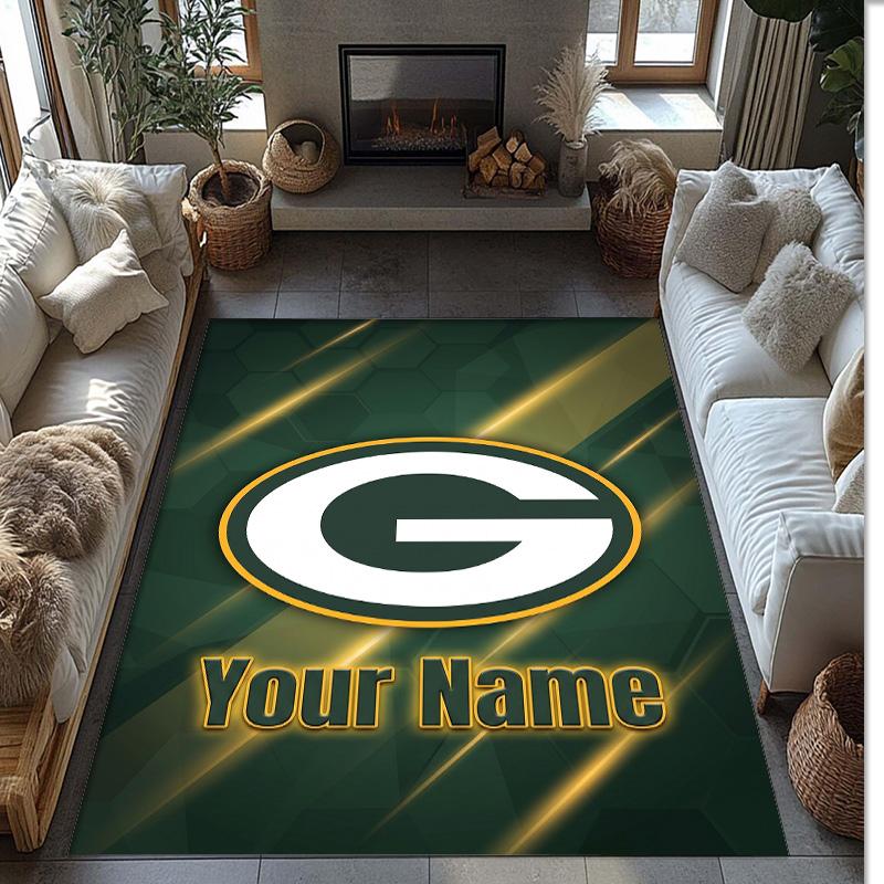 Green Bay Packers Crystal Velvet Rug, Custom Name Text Personalized Non‑Slip Floor Mat for Home Decor Gift