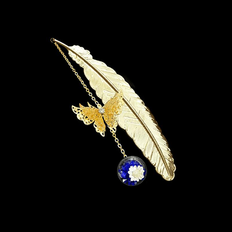 

2pcs Chinese Style Metal Feather Bookmark Creative Immortal Dried Flower Butterfly Leaf Student Bookmark Teacher s Day Gift 2pcs