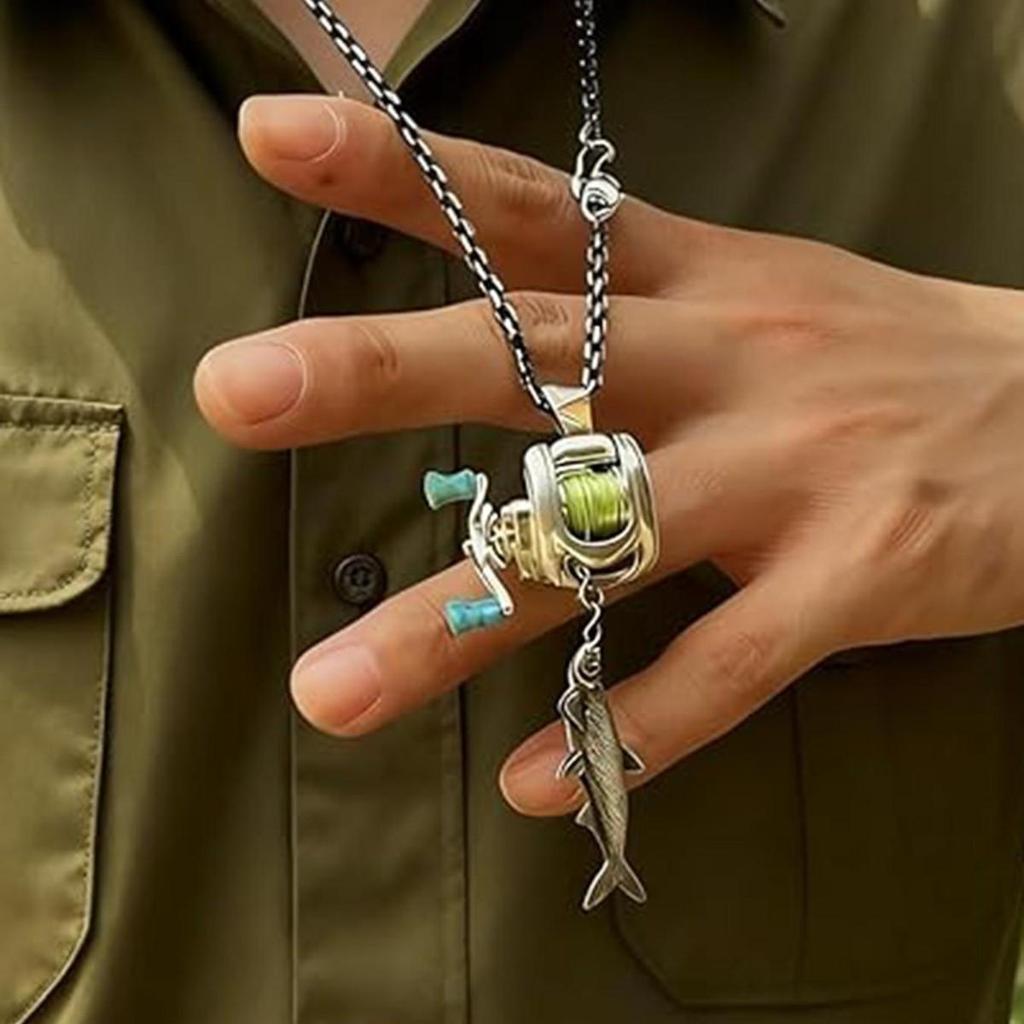 Men Women Mini Fishing Reel Jewelry Set Line Wheel Pendant Necklace Fashion Sporty Outdoor Fishing Jewelry Gift for Anglers
