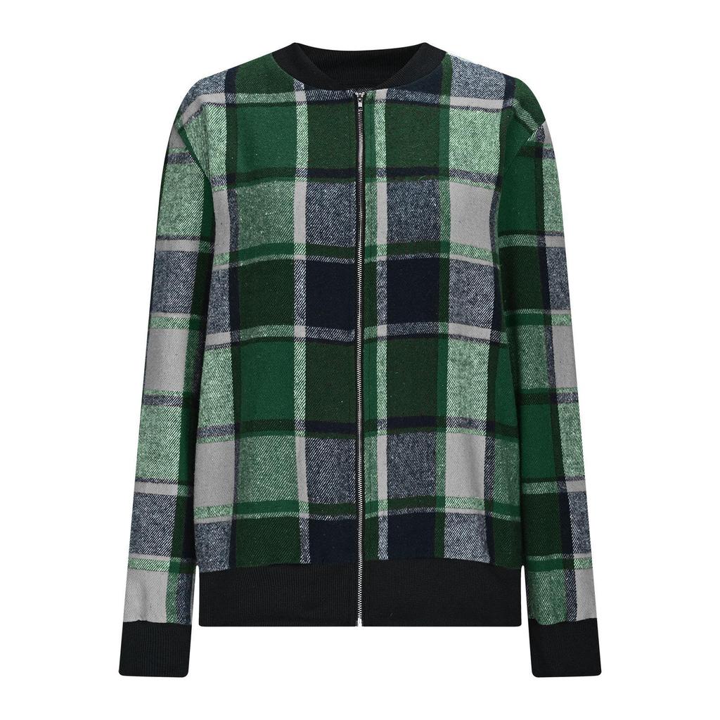 New Autumn Winter Women's Plaid Print Jacket, Long Sleeve Zipped Casual Coat, Loose Fit Outwear for Daily Streetwear