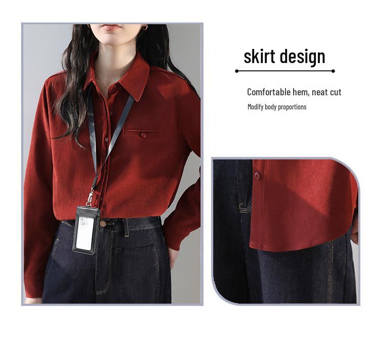 Women's Retro Red Lapel Shirt - 2026 Spring/Autumn Brushed Long Sleeve Top