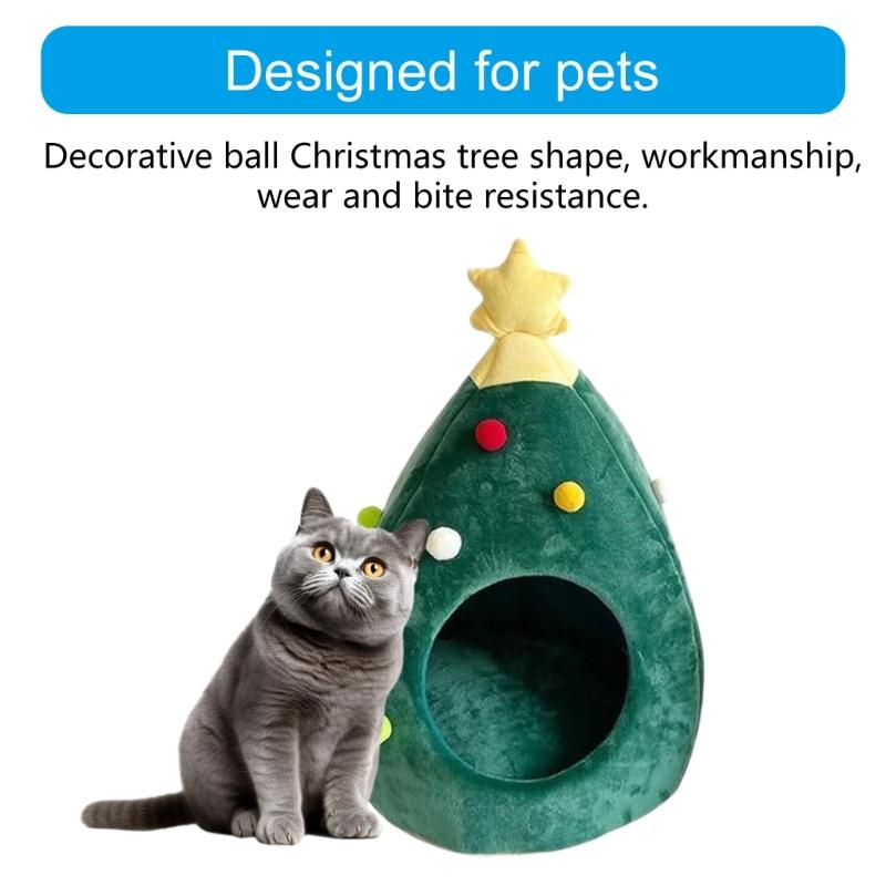 Christmas Tree Cats Bed For Small Dog Cats Warm Plush Indoor Retreat House With Detachable Cushion for Pet Rest and Sleep