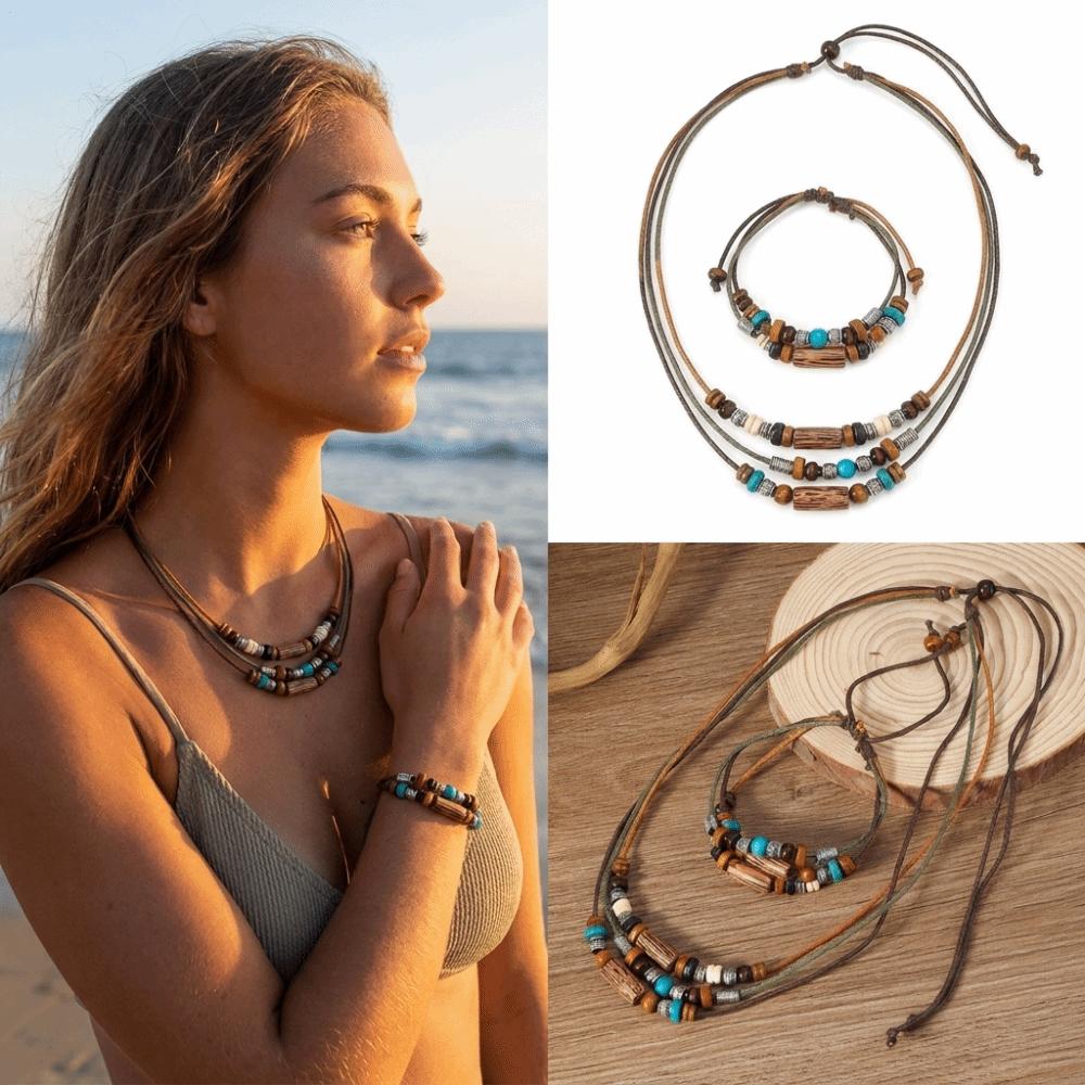 Wood Beads Boho Necklace Set Cord Vintage Wooden Bead Jewelry Hand Woven Jewelry Daily Wear