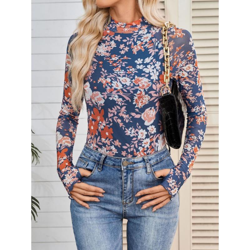 

Друкований Зручний Приталений Пуловер Водолазка З Довгим Рукавом Мереживо Квітковий Сітка Базова Сорочка Футболка для Жінок XXL слонова кістка