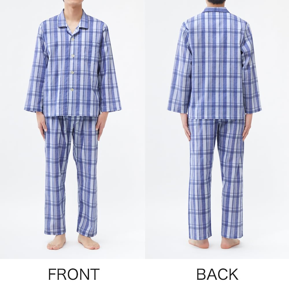 Gunze Coton Manches Longues Naturel Marine Taille S Homme 100% Pyjamas, Évacuation de l'Humidité, Séchage Rapide, Pantalon, Ouverture Frontale, Crêpe, Évacuation de l'Humidité,