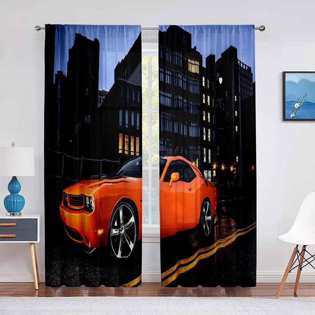 Black Cool Sports Car Movie Print Pattern Modern Boys Drapes Window Curtains for Living Room Bedroom Kitchen 2 Pieces Decor