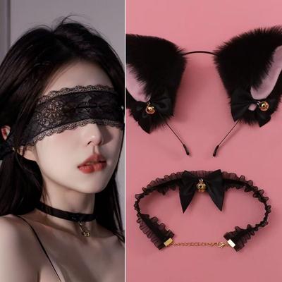 Tierohren Stirnband & Spitzen Augenmaske Set mit Glocken-Choker - Niedliche Katzen-, Fuchs- und Hasenohren Haarschmuck