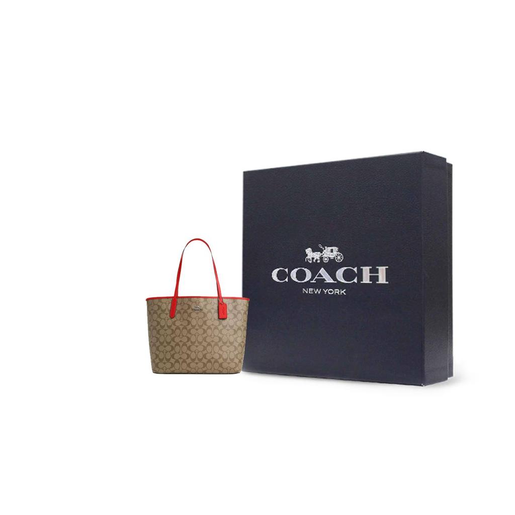 Coach City 33 Vintage Monogram Print Magnetic Closure Tote Bag Women tote bags Khaki Miami-Red 5696-SVUC3