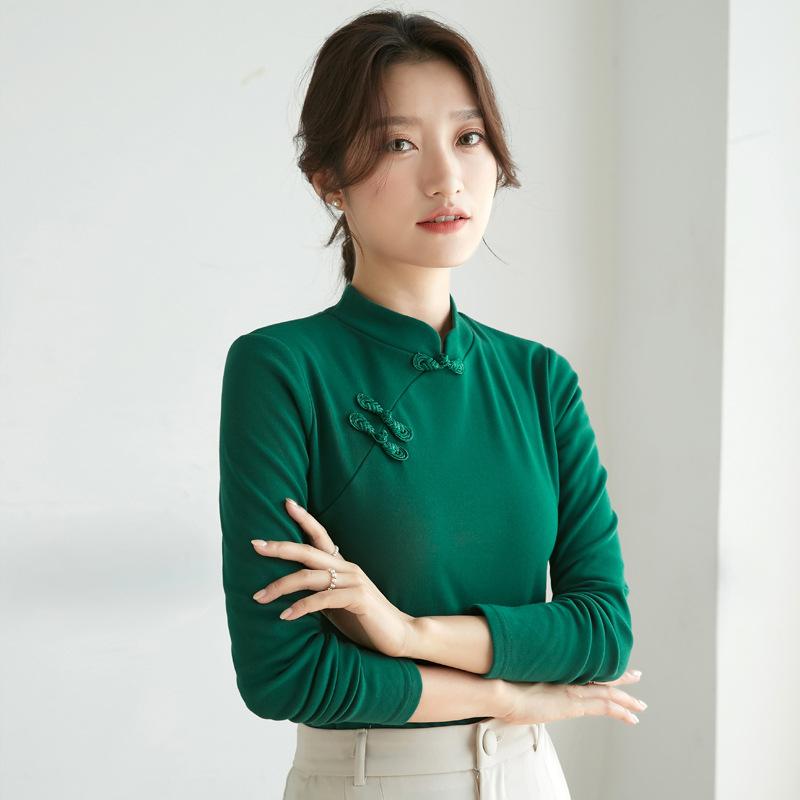

Футболка с длинным рукавом и полуводолазкой, утолщенная, для женщин, осень и зима, тонкая, новая, в китайском стиле, однотонная, в стиле футболки S зелёный