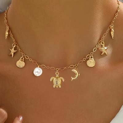Women Ocean Themed Gold Tone Charm Necklace Turtle Starfish Pearl Casual Vacation Chain
