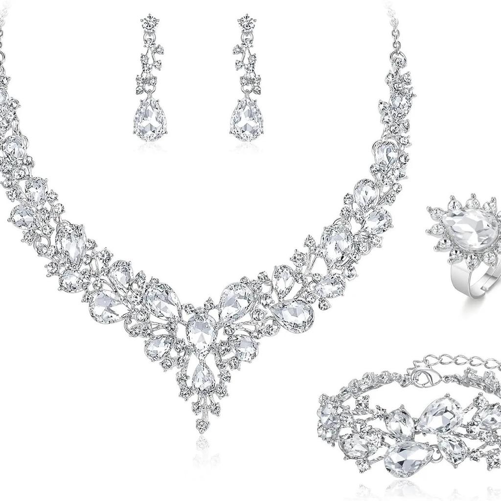Set Colier Cercei Strass Cristal Mireasă Set Rochie Bal Banchet Doamne Set de Lux Patru Piese
