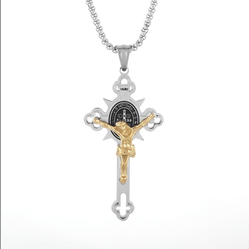 Stainless Steel Christian Saint Benedict Jesus Cross Pendant Necklace Amulet Jewelry Gift for Men Women