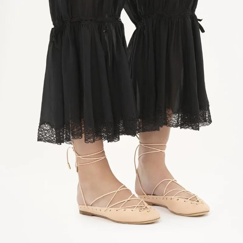 European and American Niche Light Luxury Retro Back Hollow Cross Tie Round Toe Fashion Roman Sandals Women's Ballet Shoes