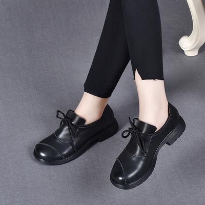 Round Head Flat Shoes Women's Autumn New Lace-up Small Leather Shoes First Layer Cowhide Casual Shoes