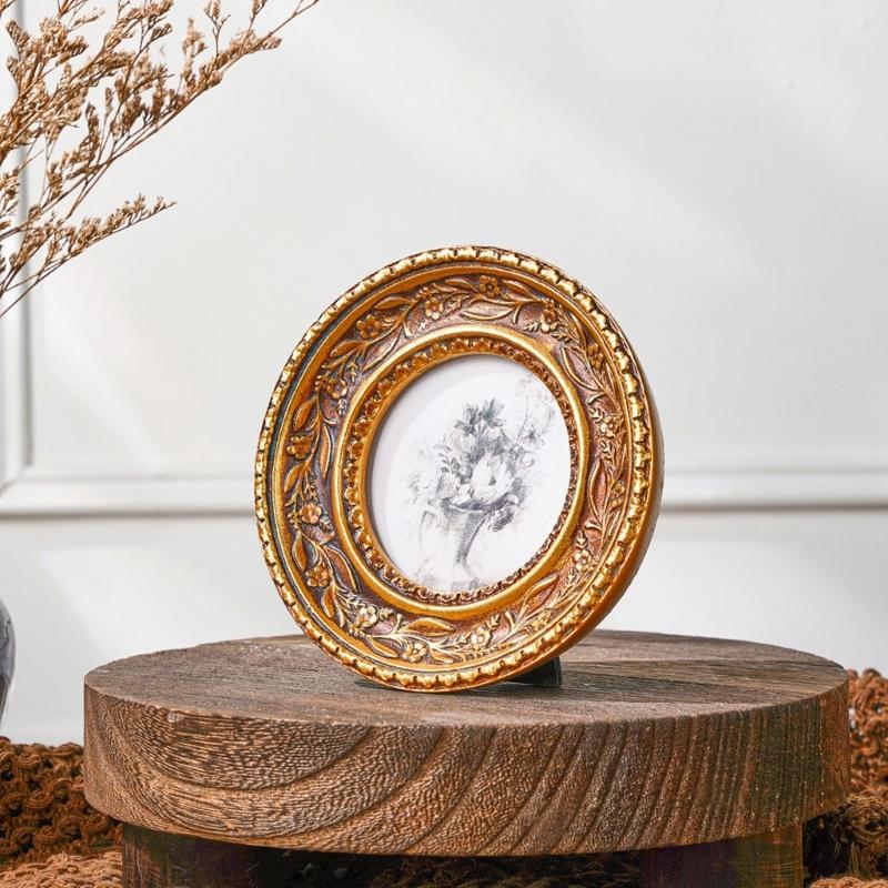 Elegant Resin Circular Picture Frame Antique Bronze Gold Florals Carving Photo Frame For Home Decoration And Desktop Display