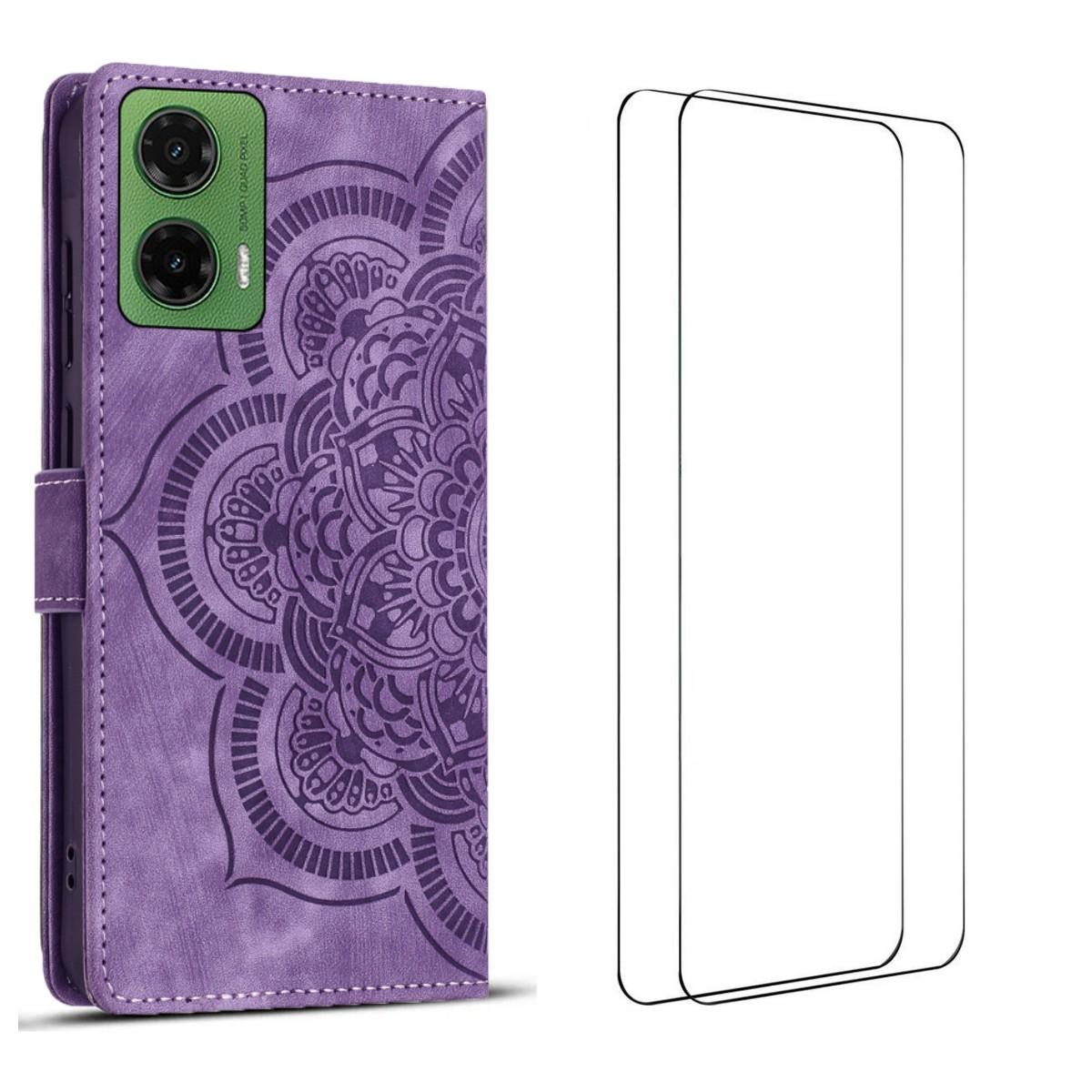 

For Motorola Moto G35 5G Case with 2Pcs Tempered Glass WANLONFENG MTL Series Mandala Leather Phone Cover E