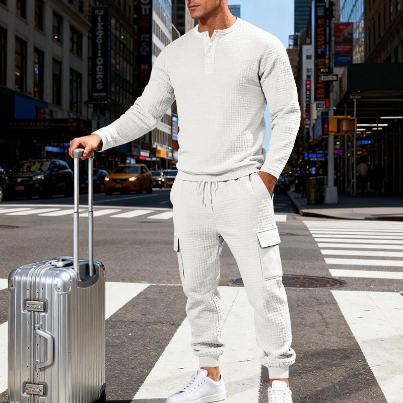 

Men s Waffle Knit Tracksuit Long Sleeve Henley Shirt Cargo Jogger Pants Set S белый