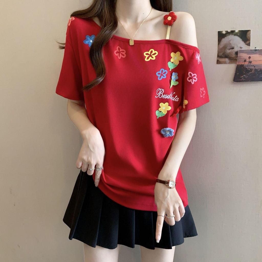 Women's Plus Size Floral Embroidered Off-Shoulder Short Sleeve Top - Summer 2025 Fashion
