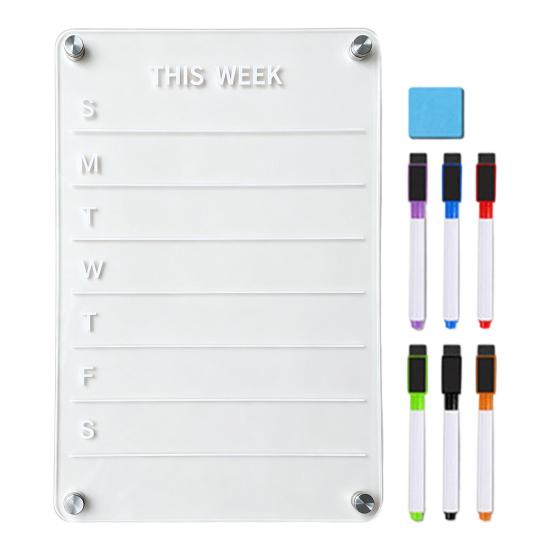Reusable Acrylic Writing Board 12''x8'' Magnetic Planning Board, Clear Weekly Meal Planner, Refrigerator Calendar Dry Erase Noteboard with Marker for