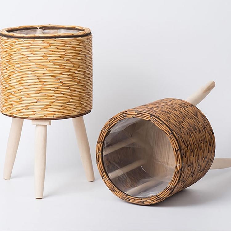 Handcrafted Yellow Rattan Plant Stand Durable And Portable Holder For Showcasing Green In Homes Offices Or Patios