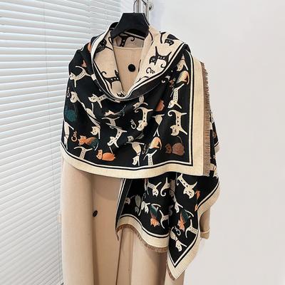 Eleganter Damen-Pashmina mit Tier-Katze, für Herbst und Winter, dick, warm, doppelseitig, mit Quaste, kältebeständig, winddicht, Deckenschal