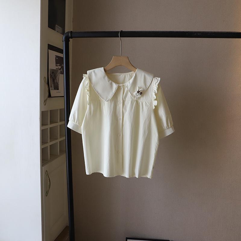 

Корейский стиль свежая рубашка с оборками и воротником Питера Пена с кроликом для женщин (Супер Милый Летний Выпуск 2025) One Size абрикосовый