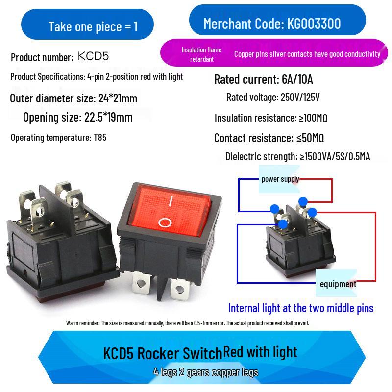 KCD5 Double Rocker Boat-Shaped Power Switch, 2 Switches, 4 Pins, 2 Positions