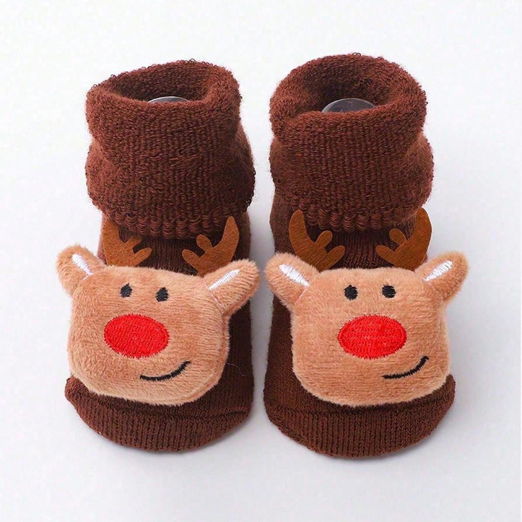 Baby Christmas Socks Santa Claus Snowman Reindeer Plush Knit Socks Non-Slip Crib Shoes for Infant Boys Girls First Xmas Outfits Toddler Gift