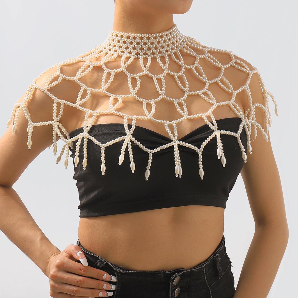 Luxury Retro Body Chain, Elegant Palace Style Imitation Pearl Hollow Tassel Shawl Body Chain Jewelry