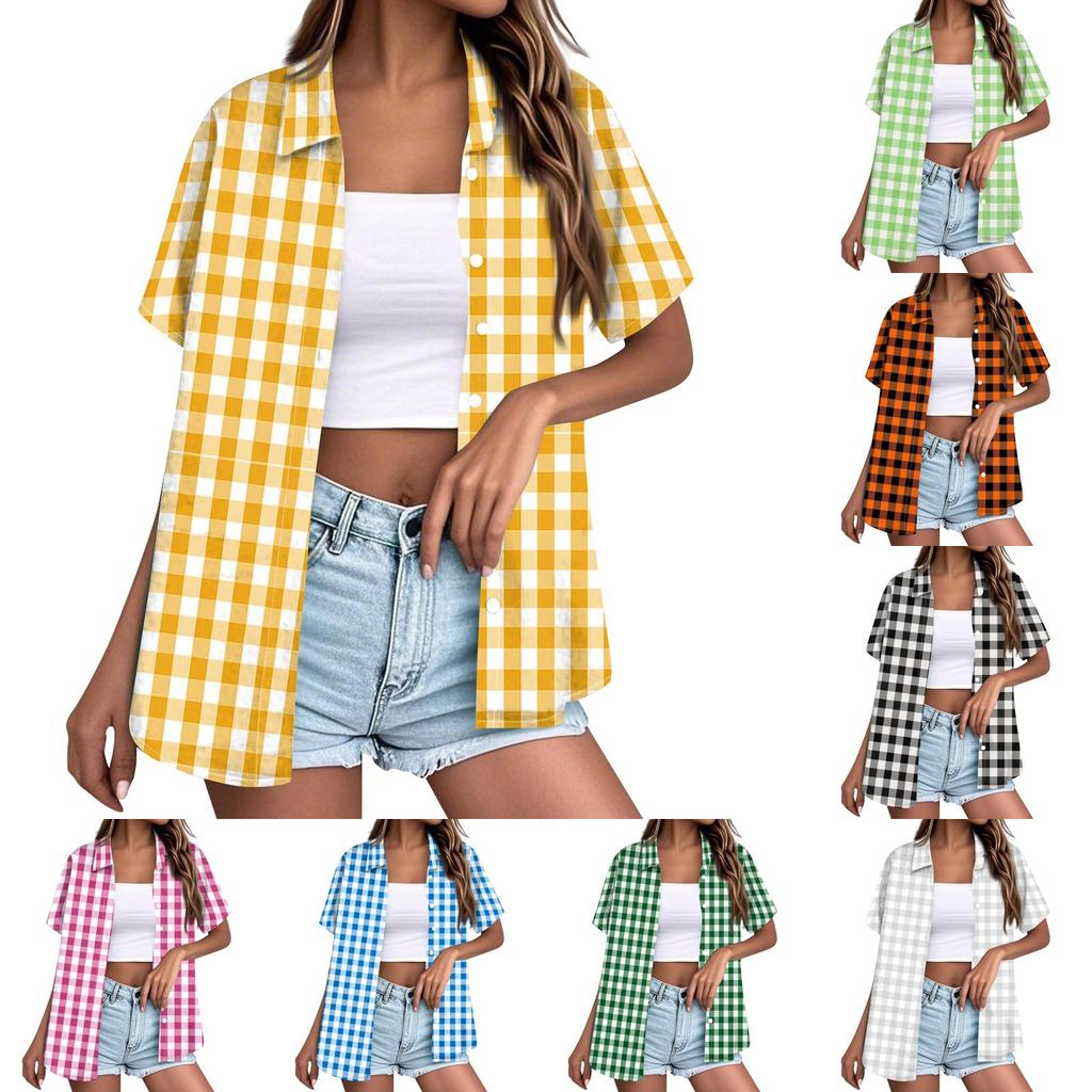 Women Casual Loose Short Sleeve Button Down Shirt Collar Plaid Checkered Blouse Summer Top Lightweight Breathable Fabric