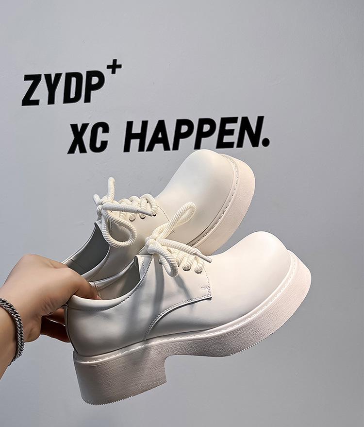 Men's Trendy British Style White Leather Lace-Up Shoes - Round Toe, Thick Sole, Business Casual (Model 24308-A)