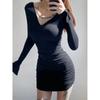 Pure Desire Sexy Babes Fashion V-neck Long-sleeved Dress Women's Spring New Slim and Thin Inner Hip-wrapped Short Skirt