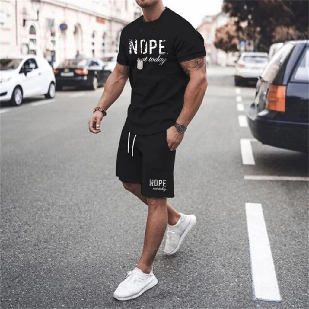 Men's Summer Letter Printed Breathable Round Neck T-shirt Shorts Set Outdoor Quick Drying Casual Clothing