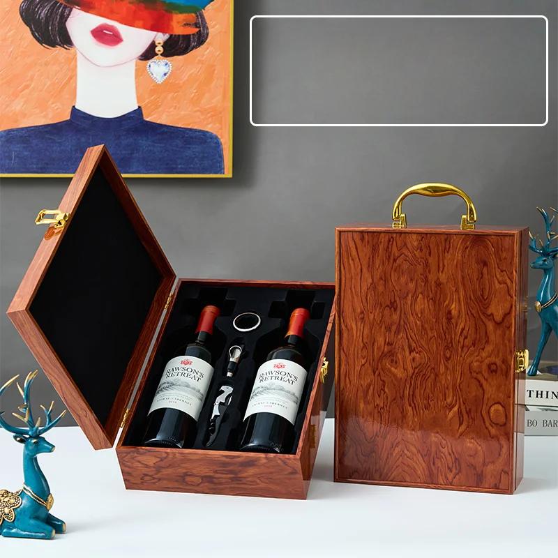 Single/Double Leather Box Wine Bottle Box Luxury Handle Wooden Organizer Gift Wood Wine Holder for 2 Red Wine Packaging