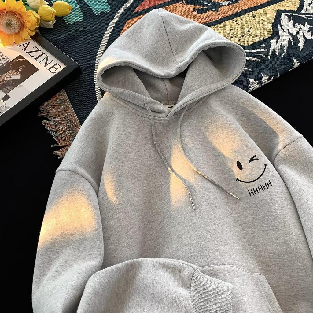 Smiling Face Unisex Hoodie - Spring/Autumn 2024 Trendy Fleece-Lined Loose Fit