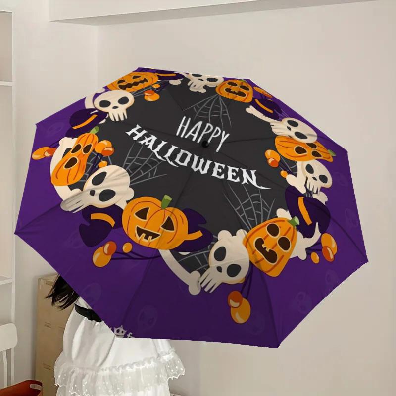 1pc Halloween Skulls Pumpkins Wreath Design Umbrella with Plastic Handle,Suitable for All Seasons Home Travel Outdoor UmbrellaDD1381