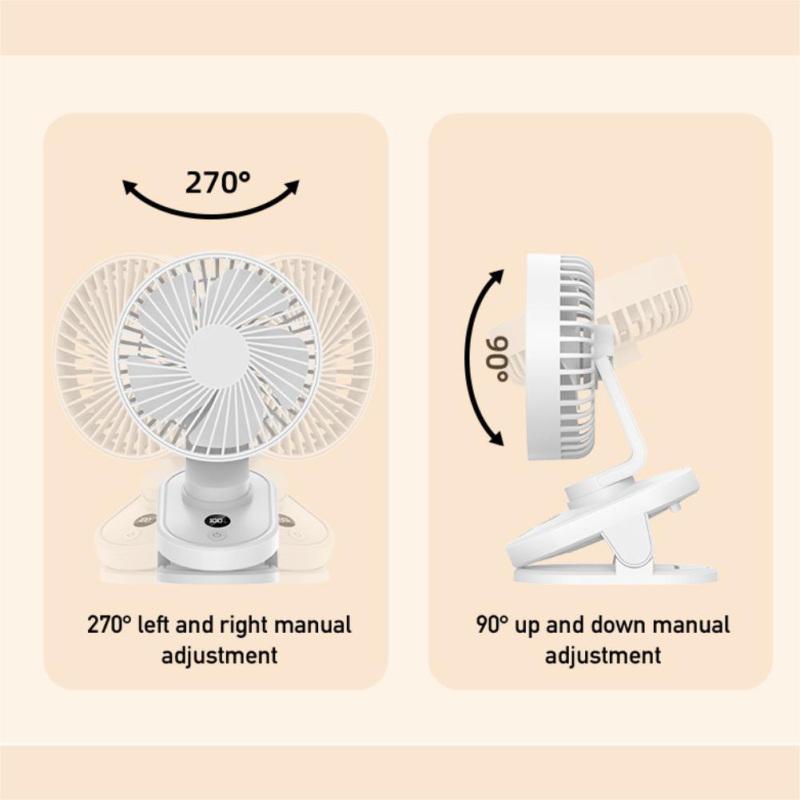 Mini ventilator cu clips, ventilator de birou puternic reîncărcabil prin USB, afișaj digital cu 3 viteze reglabile