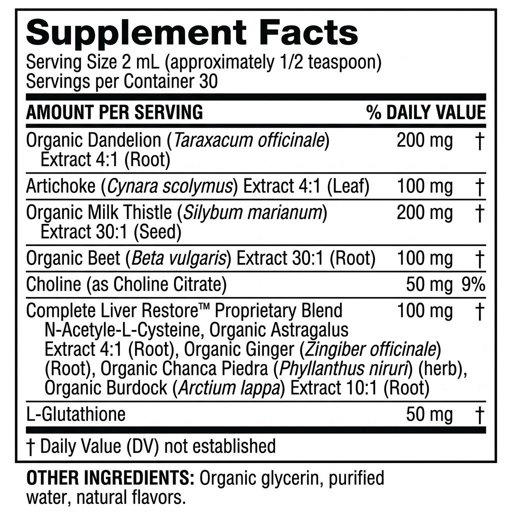 Purelia Liver Restore – Premium ziołowe krople płynne z ostropestem plamistym i glutationem dla codziennego wsparcia wątroby (2 fl oz / 60 ml)