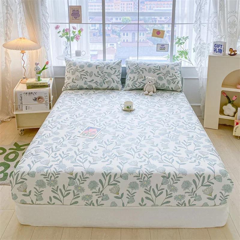 Kawaii Bear and Rabbits Printed Fitted Sheet Set Pure Cotton Cartoon Animals Mattress Cover for Kids Boys Girls Bedroom Decor