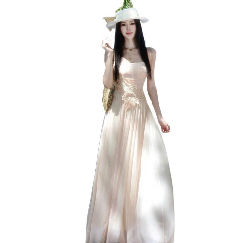 Mesh Splicing Tube Top Dress for Women's Summer Waist and Thin Temperament French Vacation Style A-word Long Skirt