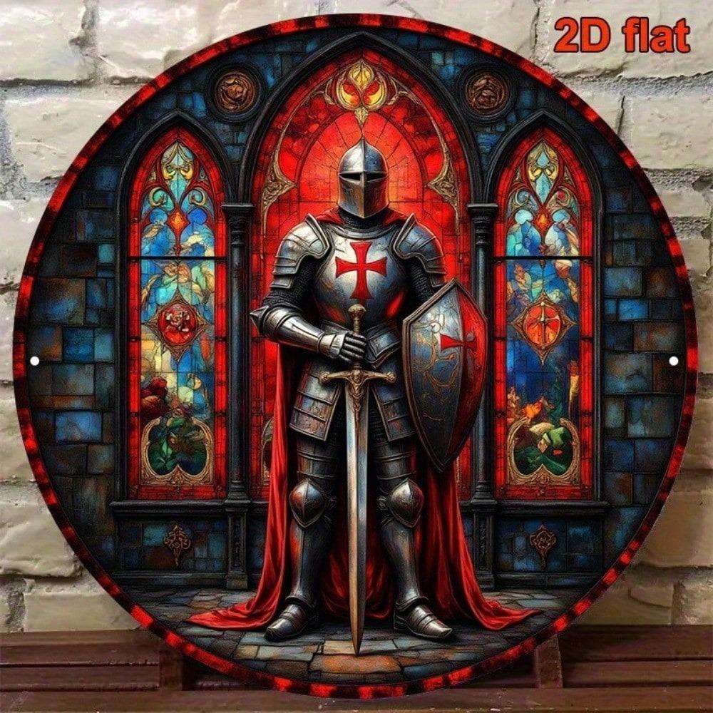 Vintage Crusader Knight Metal Wall Sign Round Tin Art Decor 8 Inch Retro Home Bar Man Cave