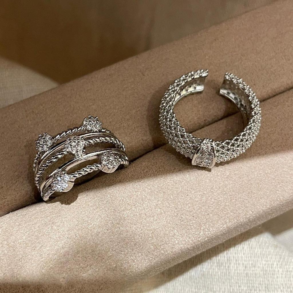 Y2K Sweet Cool Zircon Exaggerated Ring Women Hollow Grid Stackable Opening Adjustable Ring Personality Exquisite Jewelry Gifts