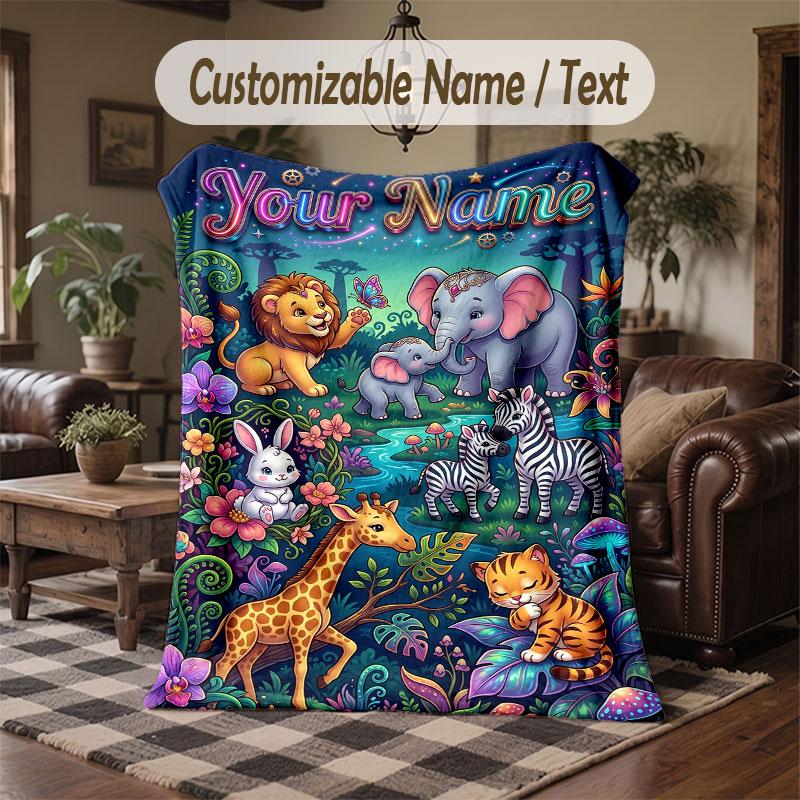 Wildlife Animals Theme Throw Blanket Custom Name Text Personalized Blanket Soft Cozy Blanket for Home Sofa Bed