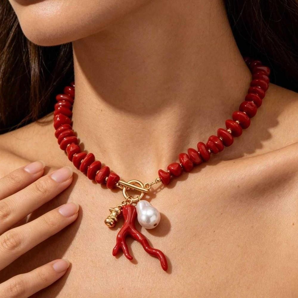 Baroque Pearl Coral Beads Necklace Red Bridal Jewelry Accessories Wedding Party