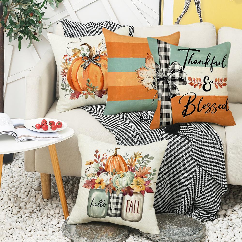 New Thanksgiving Letter Color Block Print Pillow Cover Pumpkin Element Sofa Home Lumbar Pillow