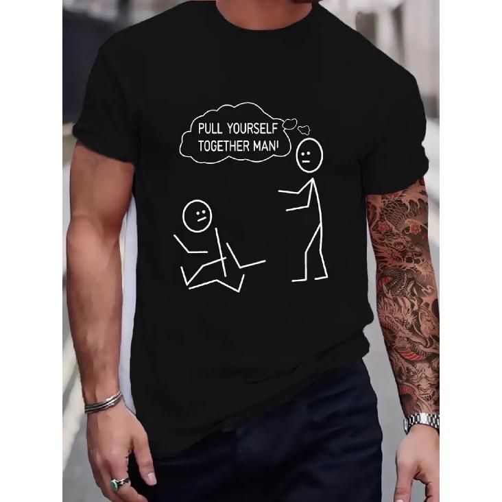 Men S Funny Pull Yourself Together for Man Graphic T-Shirt - cotton Streetwear Tee with Humorous Stick Figure Design, Regular Fit Short Sleeve S чёрный