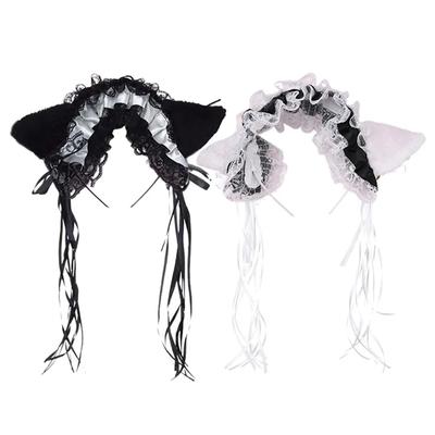 Maid Women Ruffles Lace Headband Plush Cat Ears Ribbon Bell Hair Hoop Cosplay