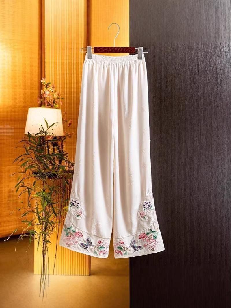 Women s Summer High-End Embroidered Wide-Leg Pants - Chinese Style Jacquard, High-Waisted Casual Wear 2XL чёрный