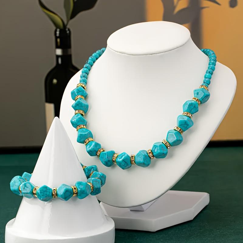 Bohemian Blue Turquoise Rice Bead Bracelet, Elegant Gift Bracelet Necklace Set