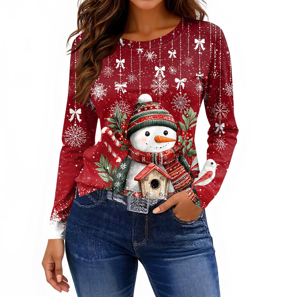 Women's Fashion Casual Slit Hem Round Neck Long Sleeve Loose Printed T-Shirt Ladies Top